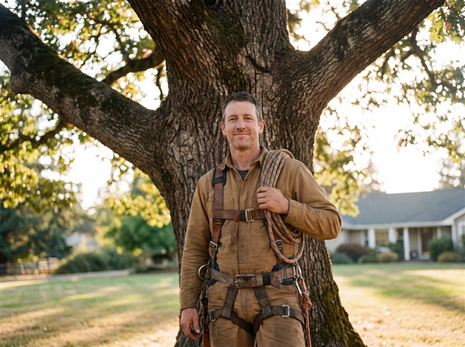 Daniel Reyes, ISA Certified Arborist, beside a heritage oak with his climbing rope